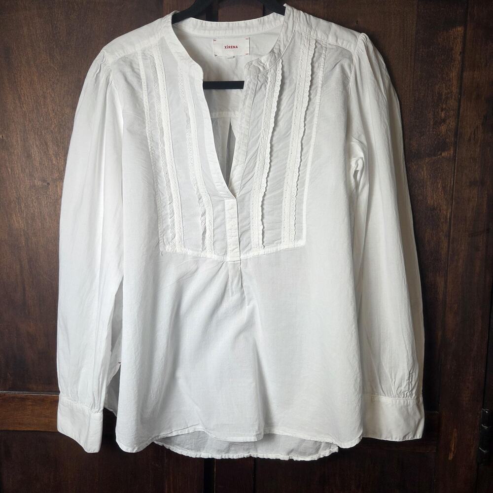 XiRENA Shirt Womens Large White Cotton Pintuck Lace Boho Tunic Blouse Top
